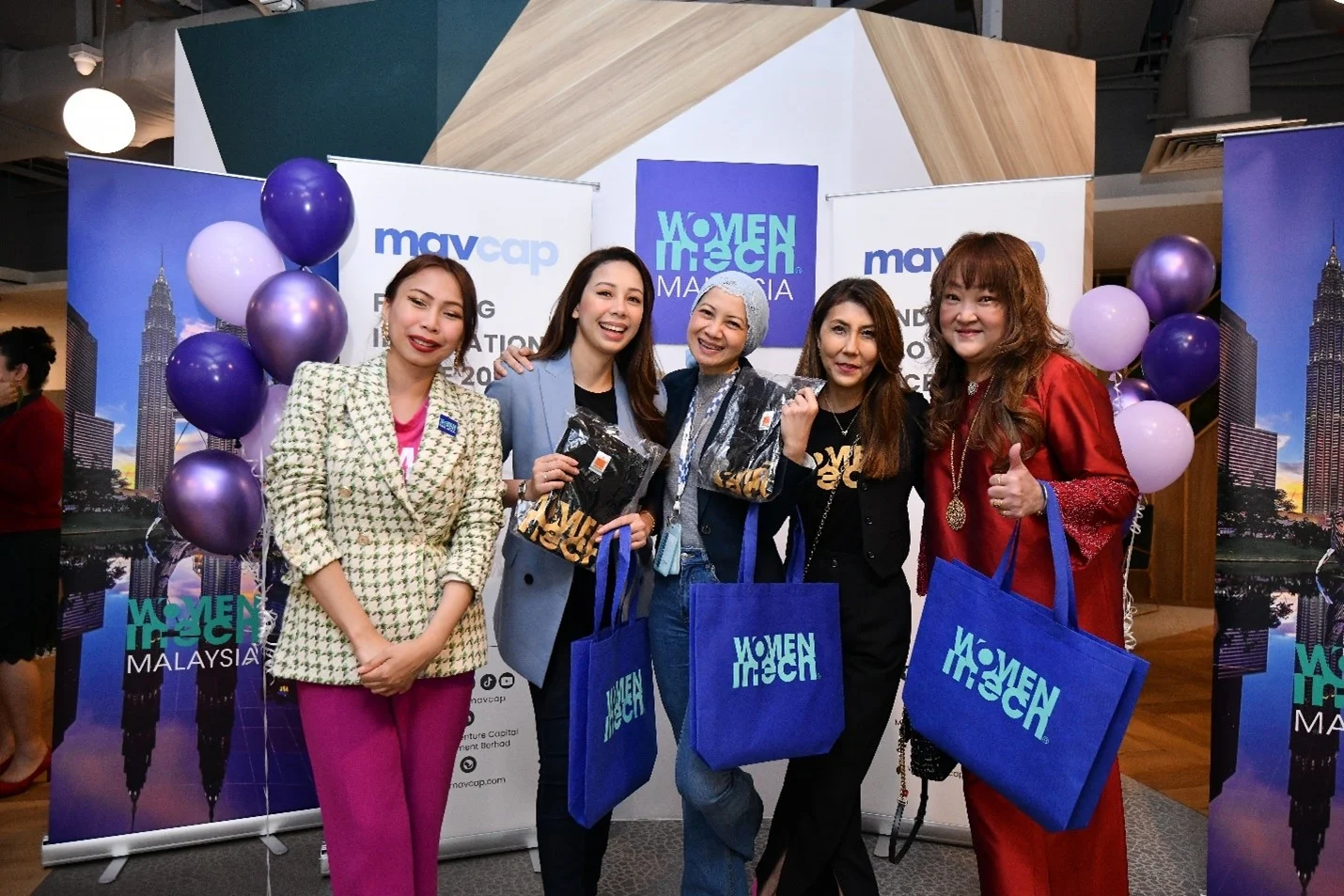 MAVCAP’s COO, Noor Amy Ismail with panel speakers for the Women in Tech 1st Anniversary Event.Featuring Madiha Fuad, Founder & CEO of Plusvibes. Yuki Aizawa, Country Director of Women In Tech, Malaysia and Jun Maria, Director, Human Capital Management of Payments Network Malaysia 